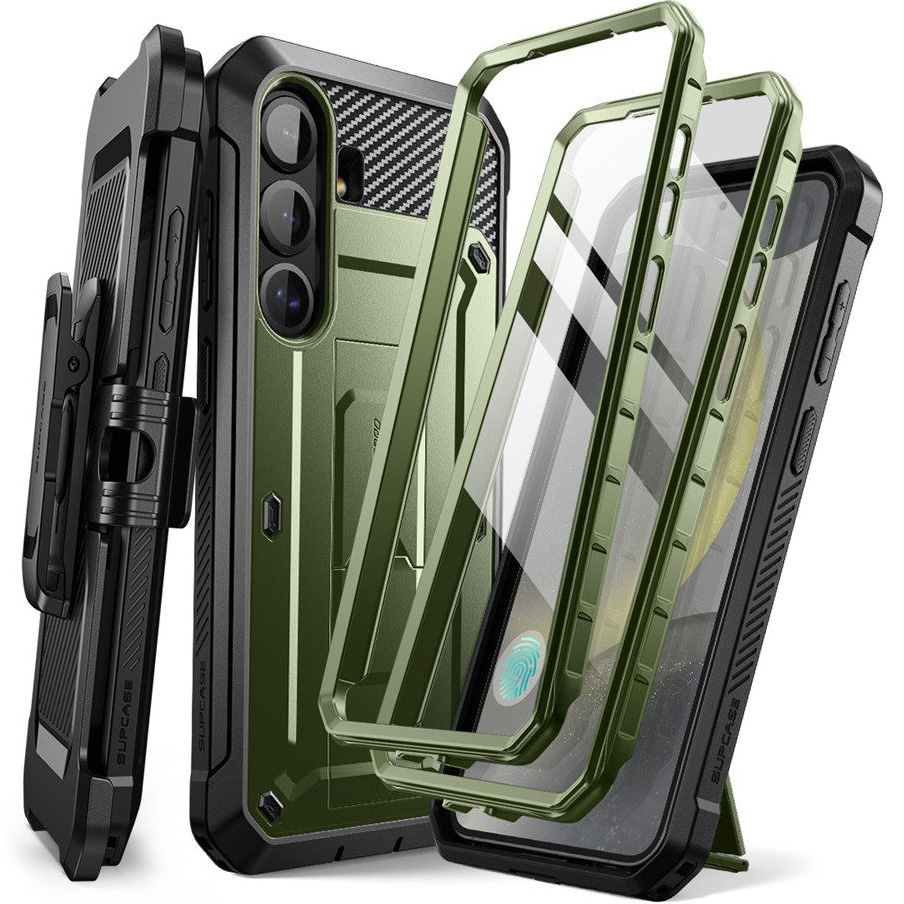 Etui pancerne z osłoną na ekran, z wbudowaną podstawką i kaburą z klipsem obrotowym Supcase Unicorn Beetle Pro do Galaxy S25, zielone